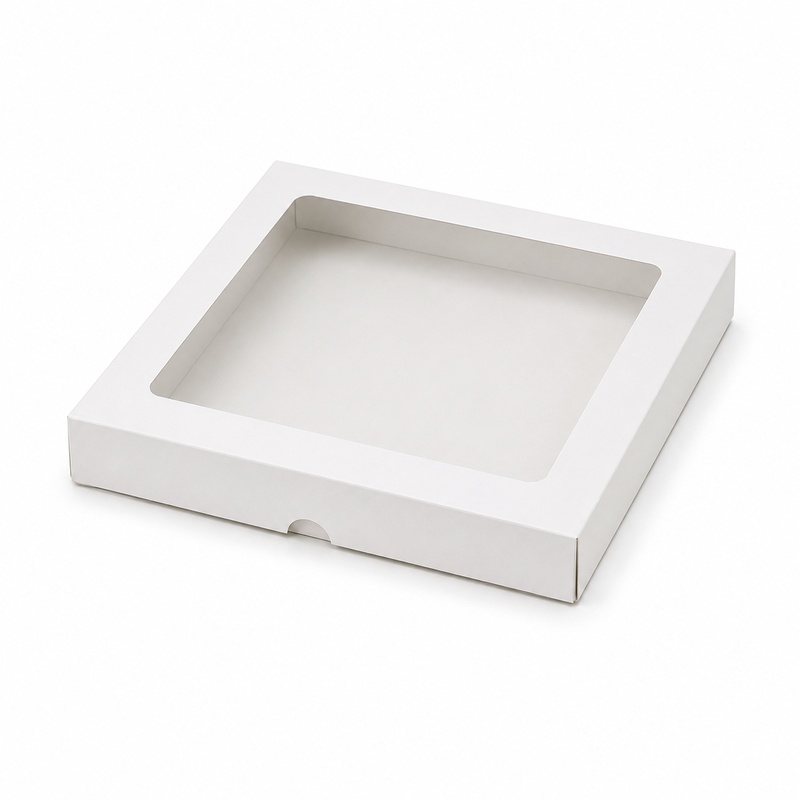 Bílá dárková krabička s průhledným víkem 15 x 15 x 2 cm – bez mřížky