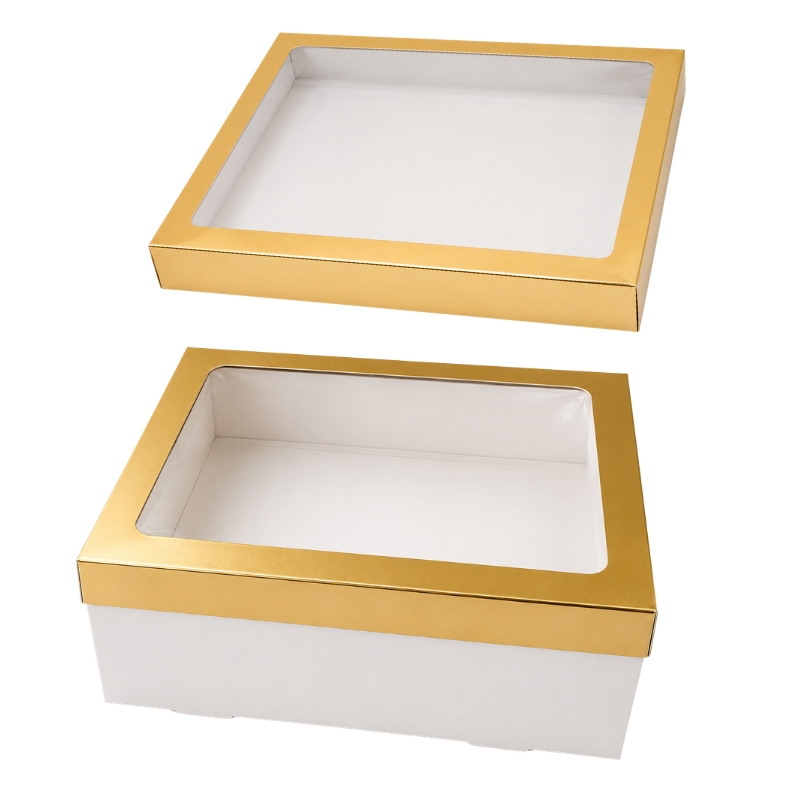 Zlatá krabička s průhledným okénkem 30 x 25 cm – 1 kg / 2,5 kg cukroví, nepromastitelné dno 3,7 cm / 9,5 cm