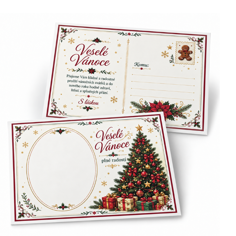 Oboustranná nepromastitelná kartička – pohlednice Veselé Vánoce se stromečkem 14,8 × 10,5 cm – 10 ks