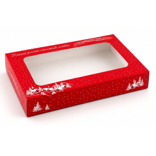 Vánoční krabička Zimní chaloupka 25 x 15 x 3,7 cm na 0,5 kg cukroví – běžné dno / nepromastitelné dno