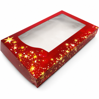 Vánoční krabička červená se zlatými hvězdami 36 x 22 x 5 cm na 1 kg cukroví – jednodílná nepromastitelná