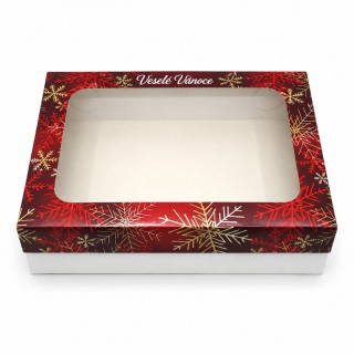 Vánoční krabička červená se zlatými vločkami 38 x 28 x 8 cm na 2 kg cukroví – běžné dno / nepromastitelné dno