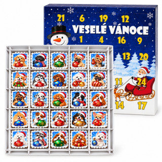 Adventní kalendář Vánoční pejsci s 25 perníčky v mřížce, potisk štěňátek s barevnými vánočními koulemi na modrém zimním pozadí