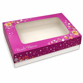 Vánoční krabička fialová Veselé Vánoce 38 x 28 x 5 cm na 1,5 kg cukroví – běžné dno / nepromastitelné dno