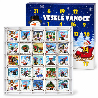 Perníčkový adventní kalendář Krteček – Zimní radovánky s 25 perníčky v mřížce, jedlý potisk Krtečka se sněhulákem, na sáňkách a se zvířátky