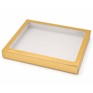 Zlatá krabička s průhledným okénkem 30 x 25 x 3,7 cm na 1 kg cukroví