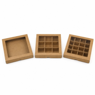 Dárková krabička s průhledným víkem 15 x 15 x 2 cm – přírodní kraft