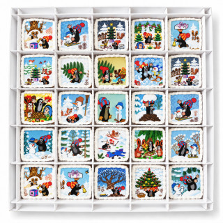 Perníčkový adventní kalendář Krteček – Zimní radovánky s 25 perníčky v mřížce, jedlý potisk Krtečka se sněhulákem, na sáňkách a se zvířátky