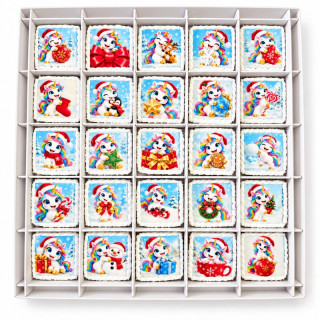 Perníčkový adventní kalendář Vánoční jednorožci s 25 perníčky 4 x 4 cm s barevným vánočním potiskem, uloženými v mřížce
