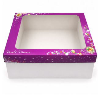Vánoční dárková krabice fialová Veselé Vánoce 38 x 28 x 15 cm na 3 kg cukroví, dárkový koš a 2 lahve