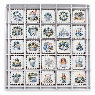 Perníčkový adventní kalendář Stříbrné Vánoce s 25 zdobenými perníčky 4 x 4 cm