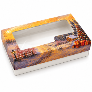 Vánoční krabička s okénkem Zimní vesnička 1 kg 25 × 15 × 7 cm