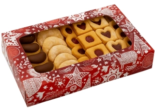 Vánoční krabička s průhledným okénkem  "Kouzlo vánoc"na 1/2 kg cukroví 25x15x3,7 cm