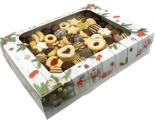 Vánoční krabička tradiční s průhledným okénkem na 2 kg cukroví 38x28x8 cm