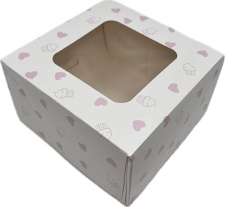 Dortová krabička s průhledným okénkem bílá se srdíčky 13x13x 7 cm