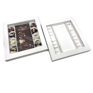 Dárková krabička bílá na pralinky a čokoládu 20,5x19x2 cm 8 ks, potravinářský atest, okénko
