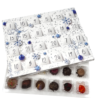 Adventní kalendář s plastovým blistrem  "Stříbrno-modrý"  28x22x2 cm, políčko 3,5x3,5 cm