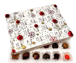 Adventní kalendář s plastovým blistrem  "Zlato-červený"  28x22x2 cm, políčko 3,5x3,5 cm