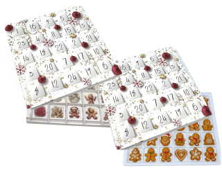 Adventní kalendář "Zlato-červený" 28x28x2 cm, mřížka 4,5 cm