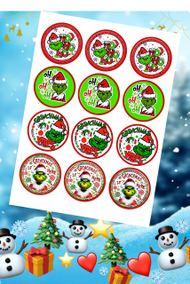 Fondánový list s výřezem: Grinch Christmas  – 12 koleček (⌀ 6 cm)