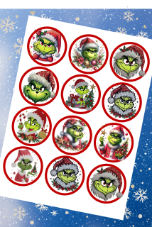 Fondánový list s výřezem: Vánoční Grinch – 12 koleček (⌀ 6 cm)
