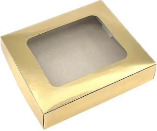 Vánoční krabička zlatá s průhledným okénkem 1/4 kg cukroví    18x15x3,7 cm