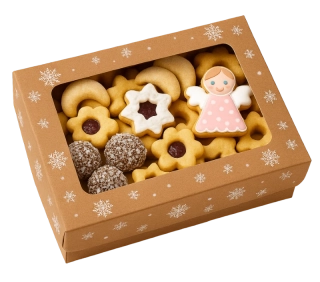 Vánoční krabička hnědá s průhledným okénem na 3/4 kg cukroví 25x15x5 cm