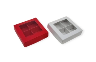 Elegantní krabička na 4 pralinky bílá a červená 8x8x2,5 cm