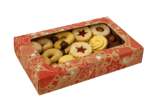 Vánoční krabička kraftová s hnědou ražbou s průhledným okénkem na 1/2 kg cukroví 25x1515x3,7 cm