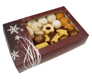 Vánoční krabička červená s průhledným okénkem 2 na 3/4 kg cukroví 25x15x5 cm