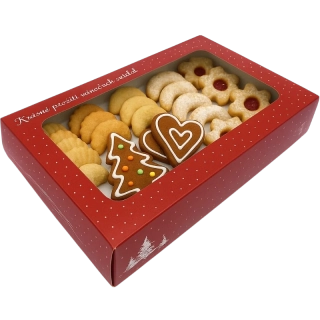 Vánoční krabička červená  "Zimní chaloupka" s průhledným okénkem na 3/4 kg cukroví 25x15x5 cm