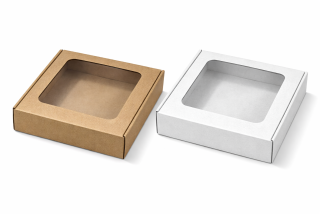 Dárková krabička s průhledným víkem 15×15×3,5 cm – přírodní / bílá