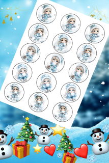 ❄️ Fondánový list s výřezem: Zimní holčička v modrém – 15 koleček (⌀ 5 cm)