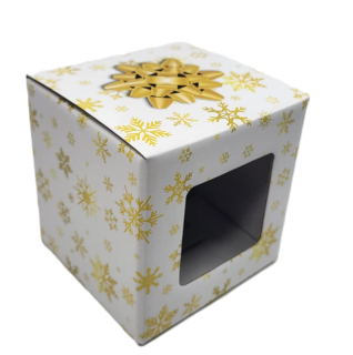✨ Vánoční krabička na hrnek 11×10×10 cm – bílá se zlatými vločkami