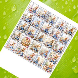 Zajíci v okně – jarní velikonoční motiv – jedlý tisk kostičky 4 × 4 cm (25 ks)