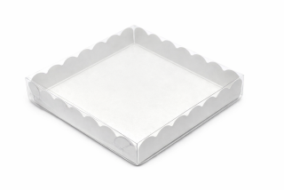 Bílá krabička s průhledným víkem 10×10×2,5 cm – laminovaná, s atestem