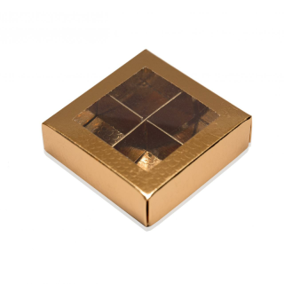 Luxusní zlatá krabička na pralinky hadí vzor 7,5x7,5x2 cm 4 přihrádky, víko s okénkem