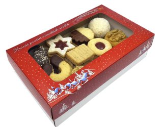 Vánoční  krabička červená  "Zimní Chaloupky" s průhledným okénkem na 1 kg cukroví 25x15x7 cm