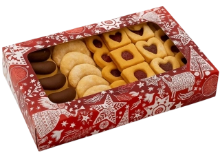Vánoční krabička s průhledným okénkem "Kouzlo vánoc" na 3/4 kg cukroví 25x15x5 cm