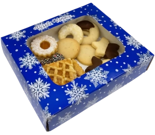 Vánoční krabička modrá vločková s průhledným okénkem na 1/4 kg cukroví    18x15x3,7 cm