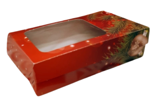 Vánoční krabička červená s průhledným okénkem na 3/4 kg cukroví 25x15x5 cm typ III