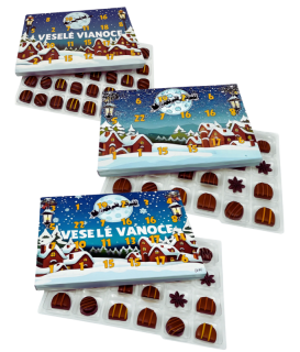 Adventní kalendář s plastovým blistrem  "Vesnička" na pralinky nebo perníčky 3,5 cm 28x22x2 cm