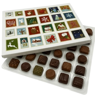 Adventní kalendář "Veselý "  s plastovým blistrem 28x22x2 cm, políčko 3,5x3,5 cm