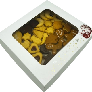 Vánoční krabička bílá s barevnou ražbou a průhledným okénkem na 1/4 kg cukroví 18x15x3,7 cm