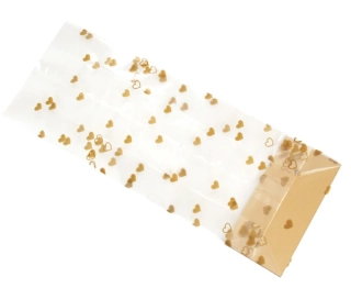 Celofánový sáček s potiskem "Zlaté srdce"  s pevným dnem 20x8x5 cm