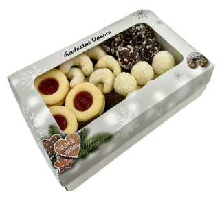 Vánoční krabička s motivem perníčku, průhledným okénkem a nepromastitelným dnem  na 1 kg cukroví 25x15x7 cm