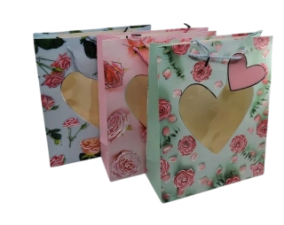 Vánoční papírová taška srdce s průhledem   26x32x10 cm
