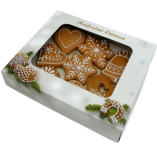 Vánoční krabička motiv "Perníček" s průhledným okénkem 1/4 kg cukroví    18x15x3,7 cm