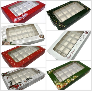 Vánoční krabička s mřížkou a průhledným okénkem  na 24 pralinek 25x1515x3,7 cm