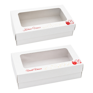 Krabička s červenou vánoční ražbou 25 x 15 x 7 cm na 1 kg cukroví – český / slovenský nápis, běžné dno / nepromastitelné dno